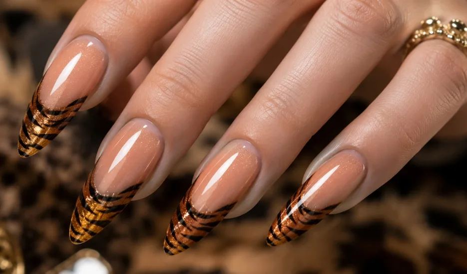 Luxury tiger print French tip nails