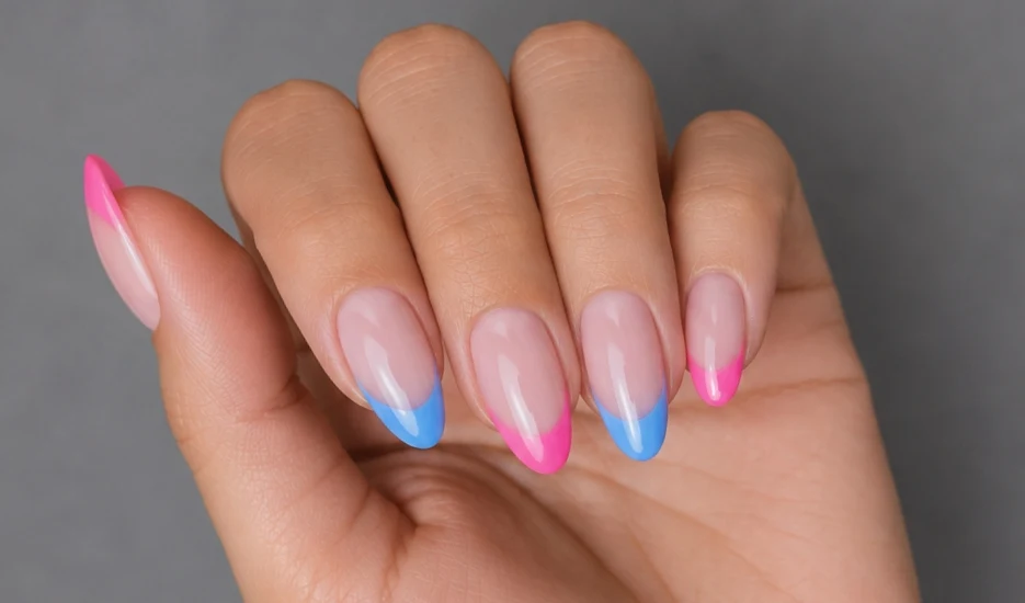 blue and bright pink french tip