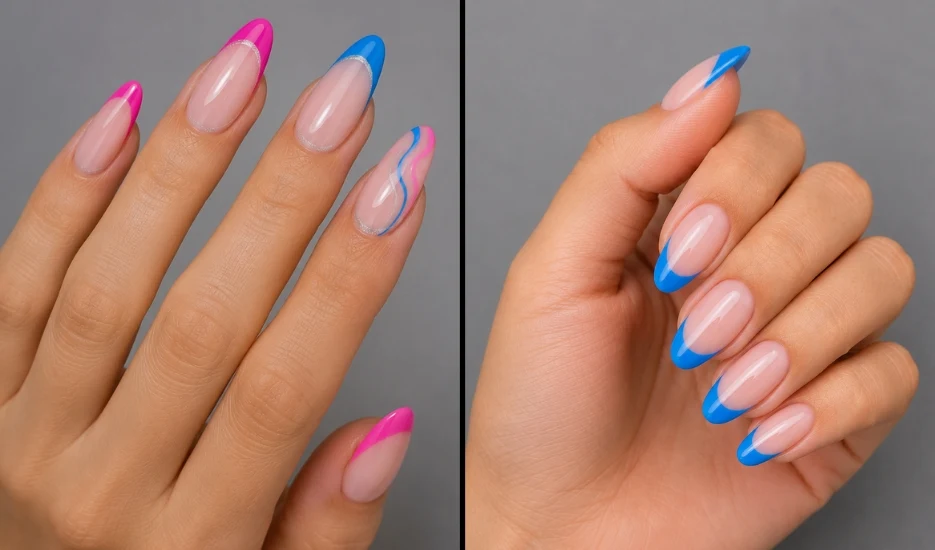 Pink and Blue French Tip Nails